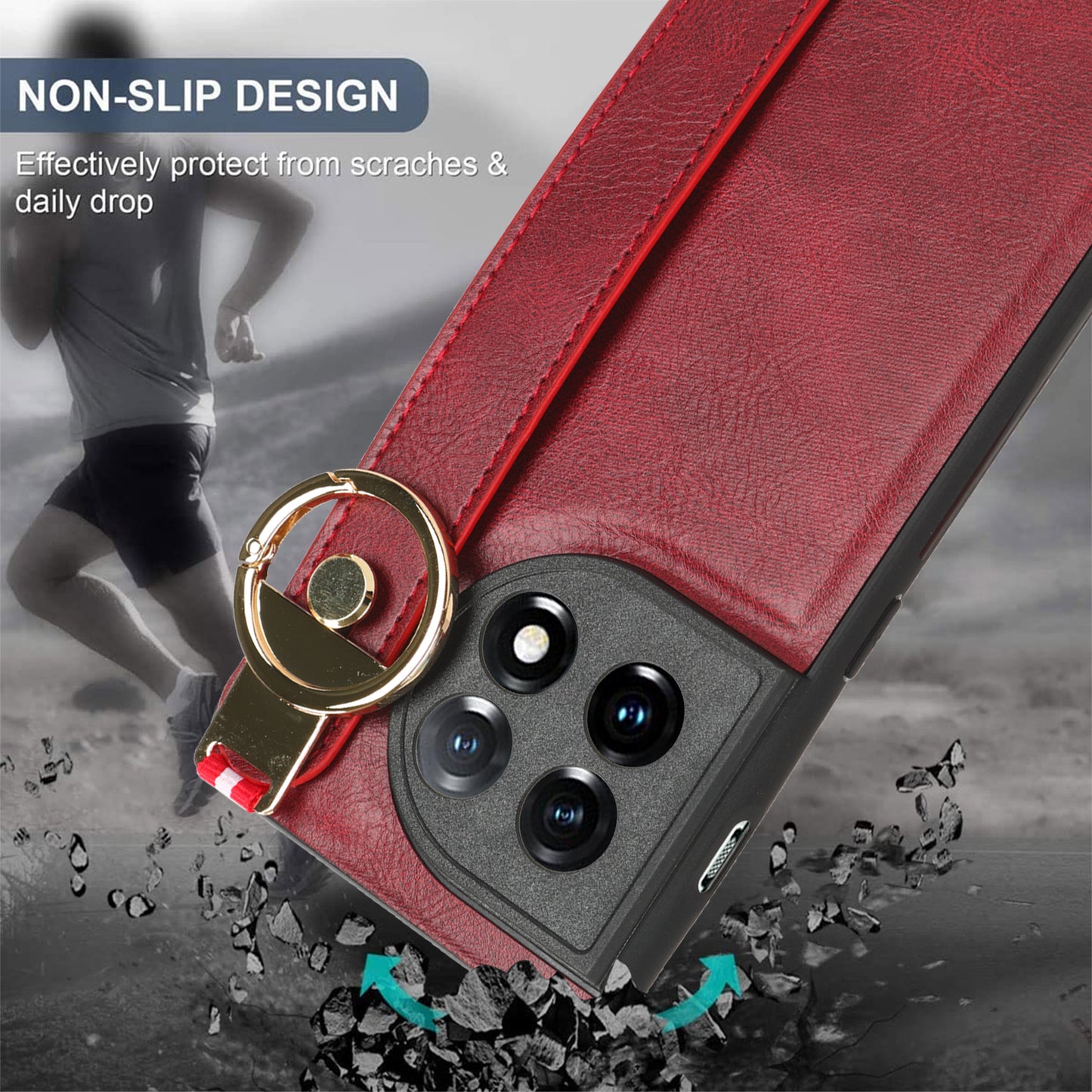 Wristband Kickstand Phone Cover for OnePlus 11 5G , Leather Coated PC+TPU Case with Neck Strap - Red
