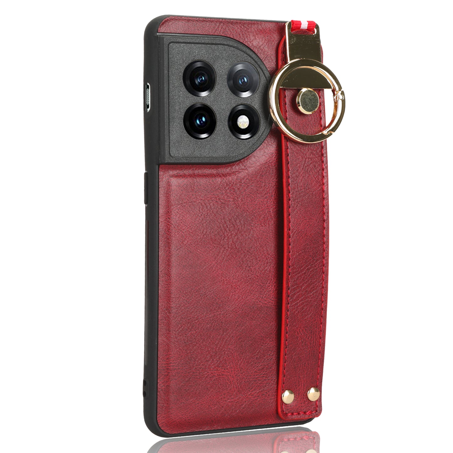 Wristband Kickstand Phone Cover for OnePlus 11 5G , Leather Coated PC+TPU Case with Neck Strap - Red