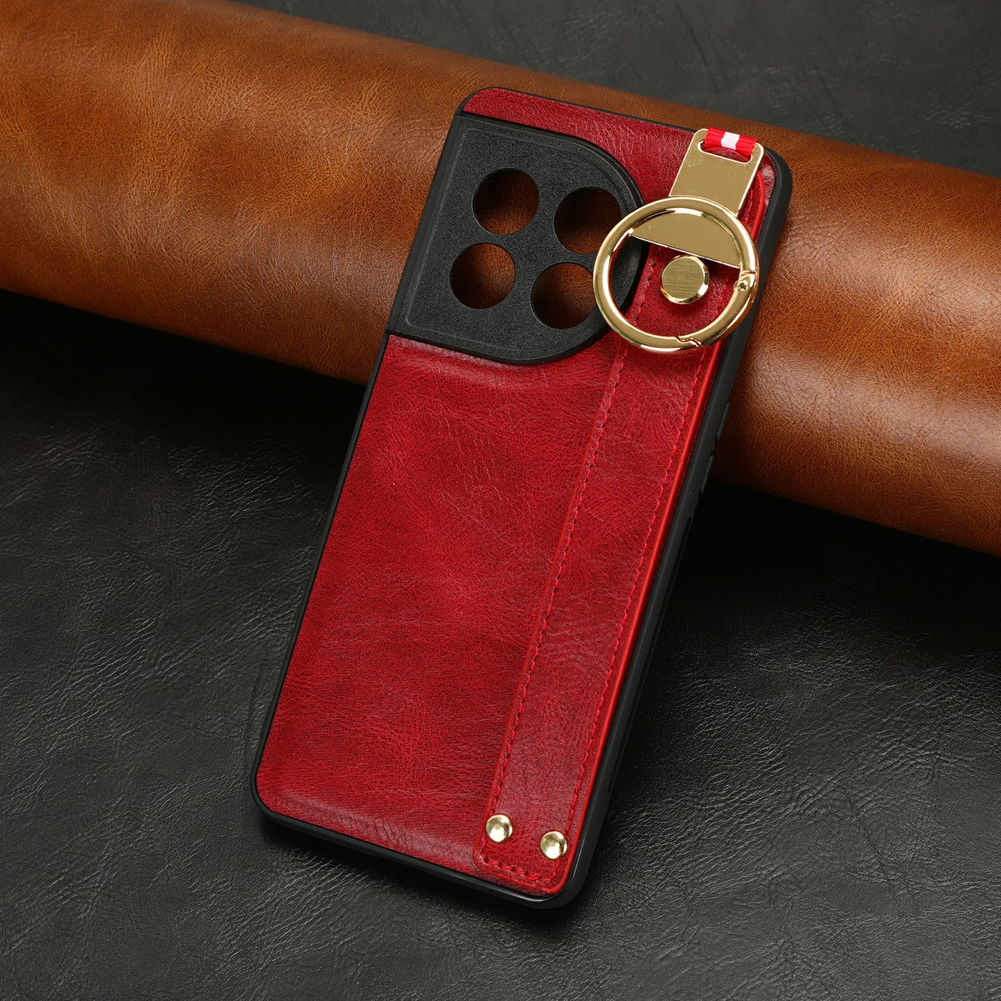 Wristband Kickstand Phone Cover for OnePlus 11 5G , Leather Coated PC+TPU Case with Neck Strap - Red