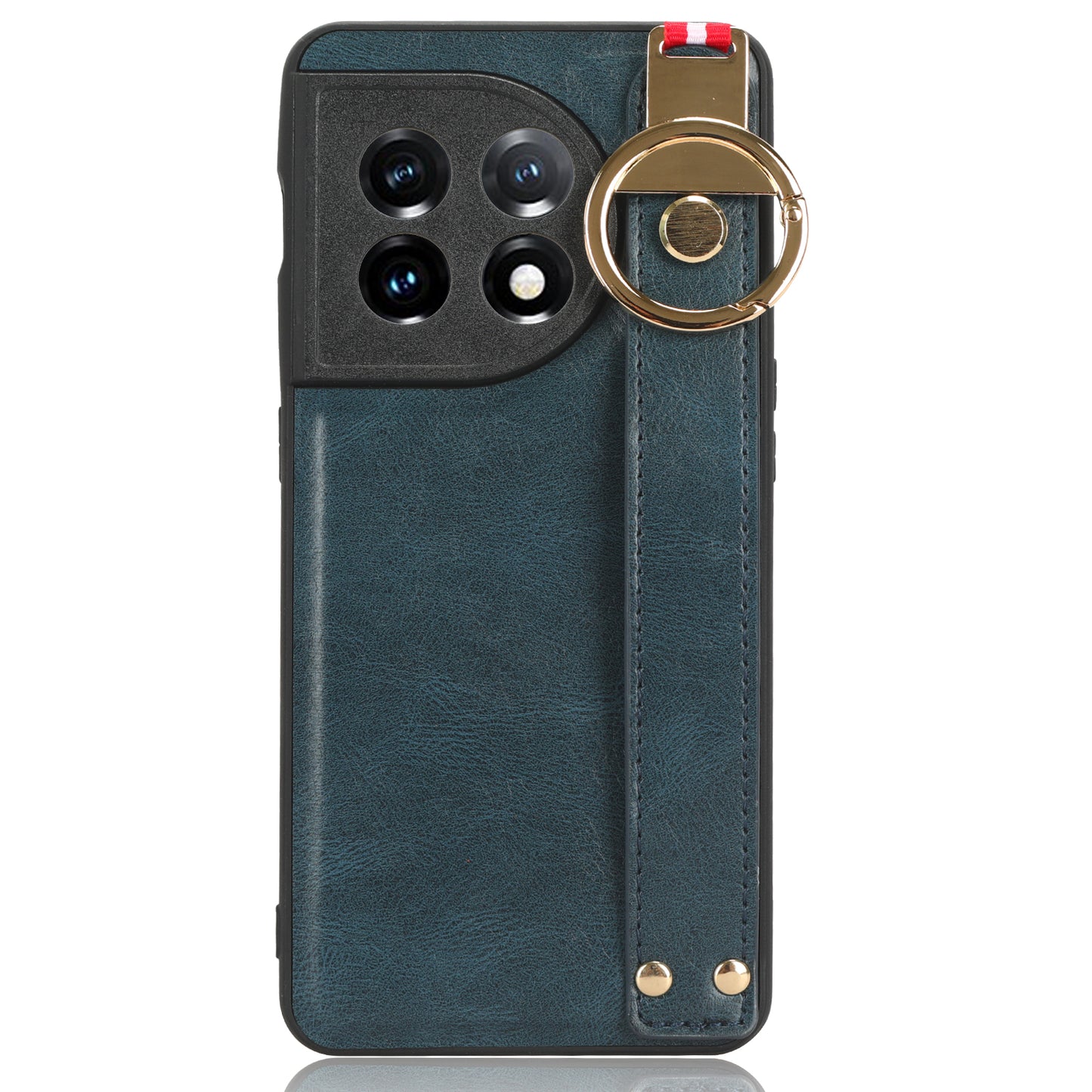Wristband Kickstand Phone Cover for OnePlus 11 5G , Leather Coated PC+TPU Case with Neck Strap - Blue