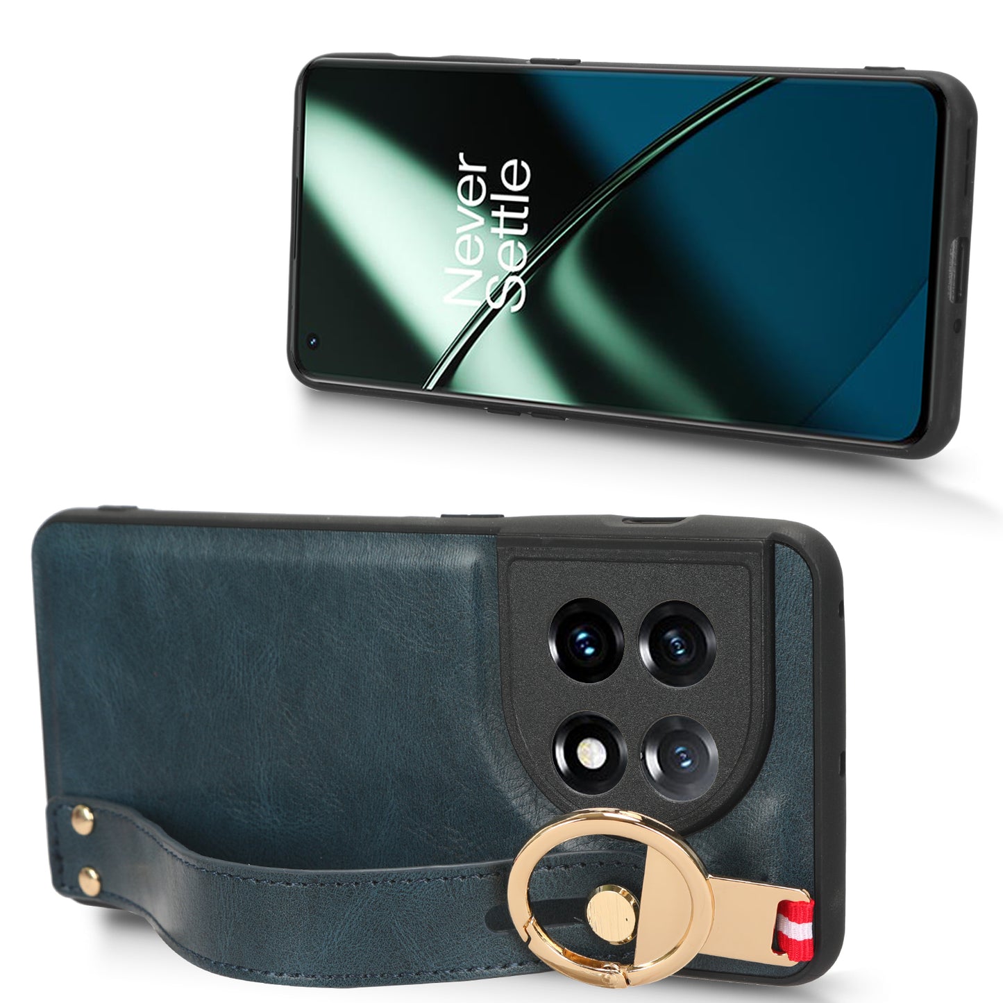 Wristband Kickstand Phone Cover for OnePlus 11 5G , Leather Coated PC+TPU Case with Neck Strap - Blue