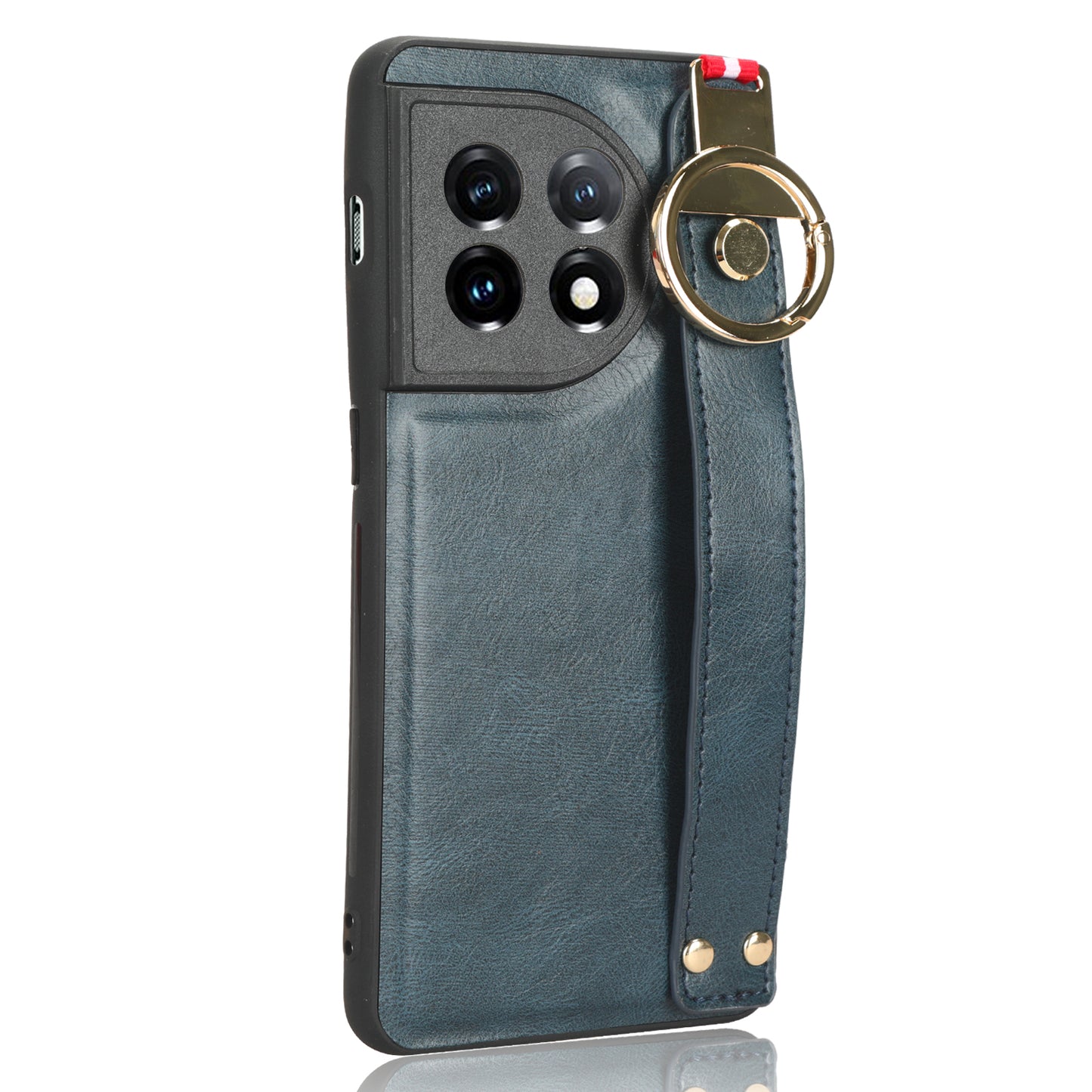 Wristband Kickstand Phone Cover for OnePlus 11 5G , Leather Coated PC+TPU Case with Neck Strap - Blue