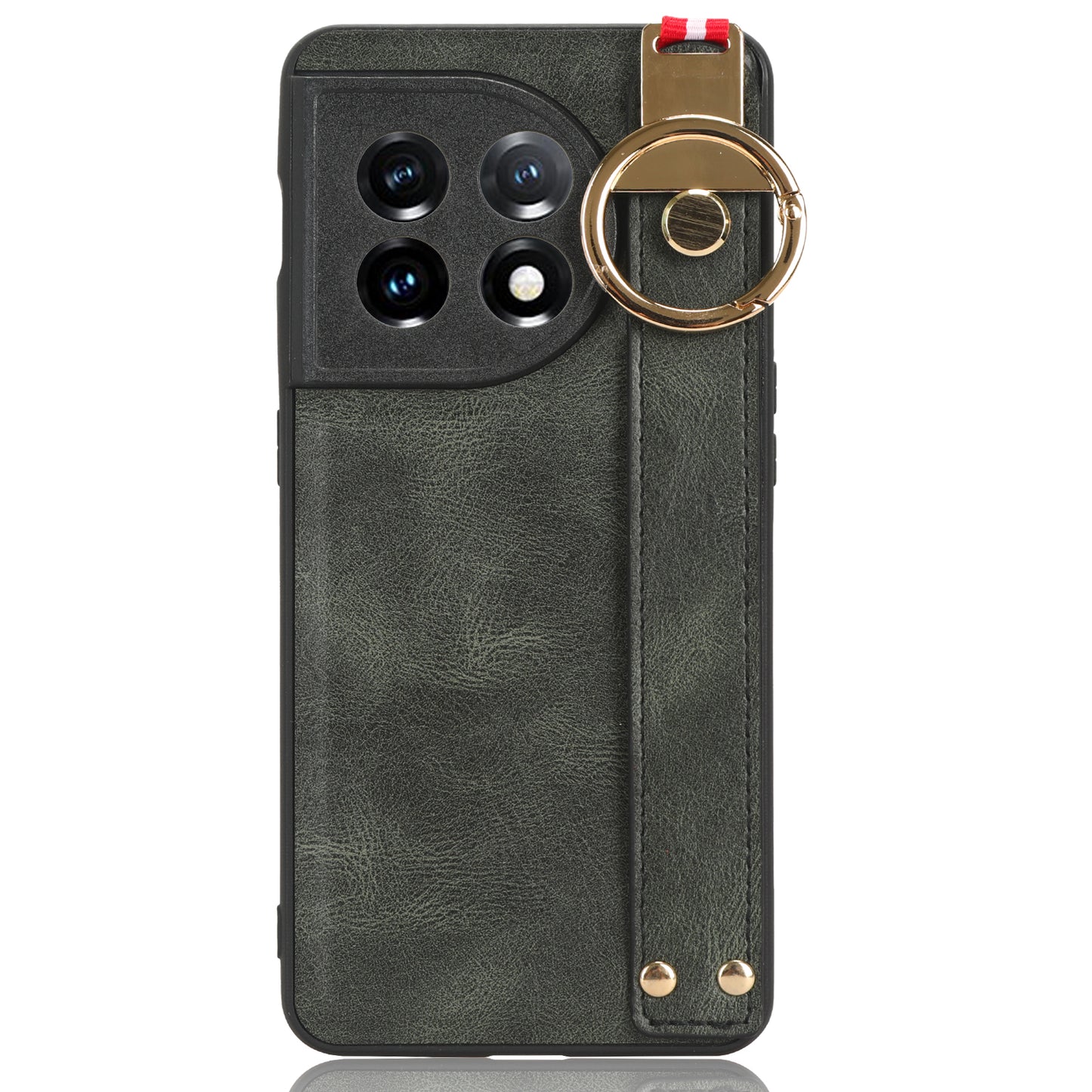 Wristband Kickstand Phone Cover for OnePlus 11 5G , Leather Coated PC+TPU Case with Neck Strap - Green