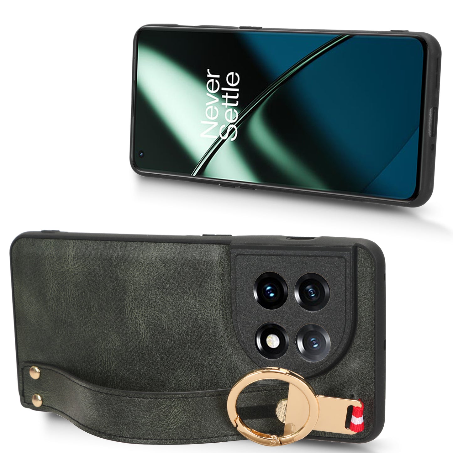 Wristband Kickstand Phone Cover for OnePlus 11 5G , Leather Coated PC+TPU Case with Neck Strap - Green