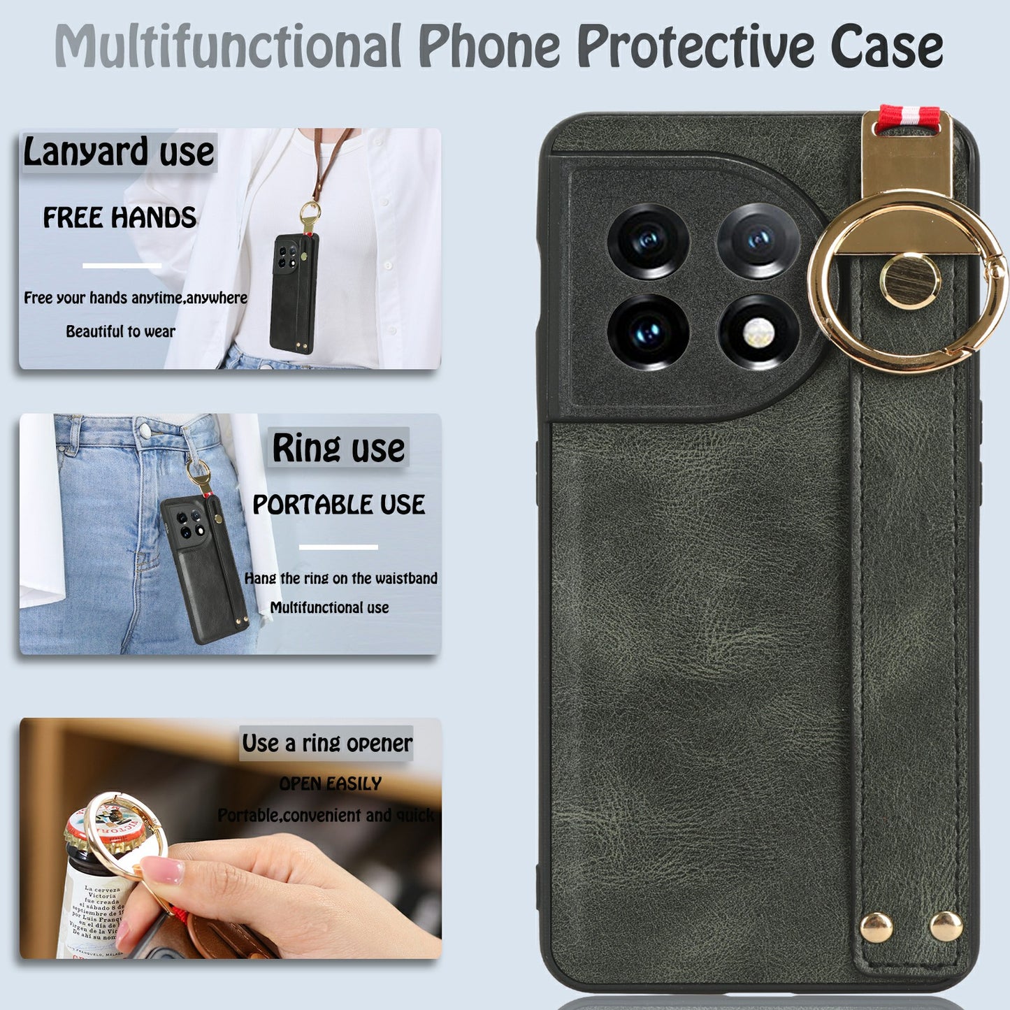 Wristband Kickstand Phone Cover for OnePlus 11 5G , Leather Coated PC+TPU Case with Neck Strap - Green