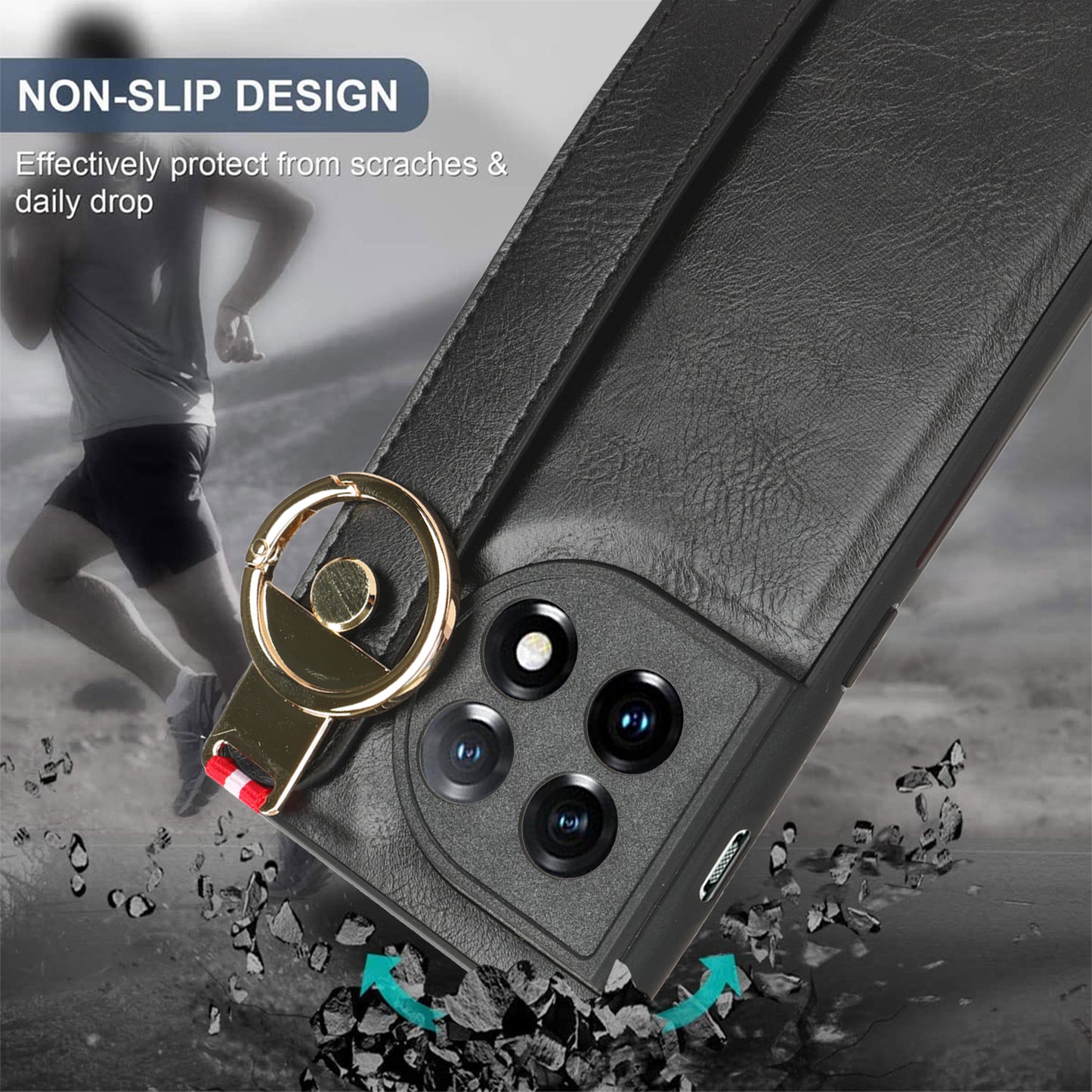 Leather Coated PC+TPU Case for OnePlus 11R 5G / Ace 2 5G , Wristband Kickstand Cell Phone Cover with Neck Strap - Black