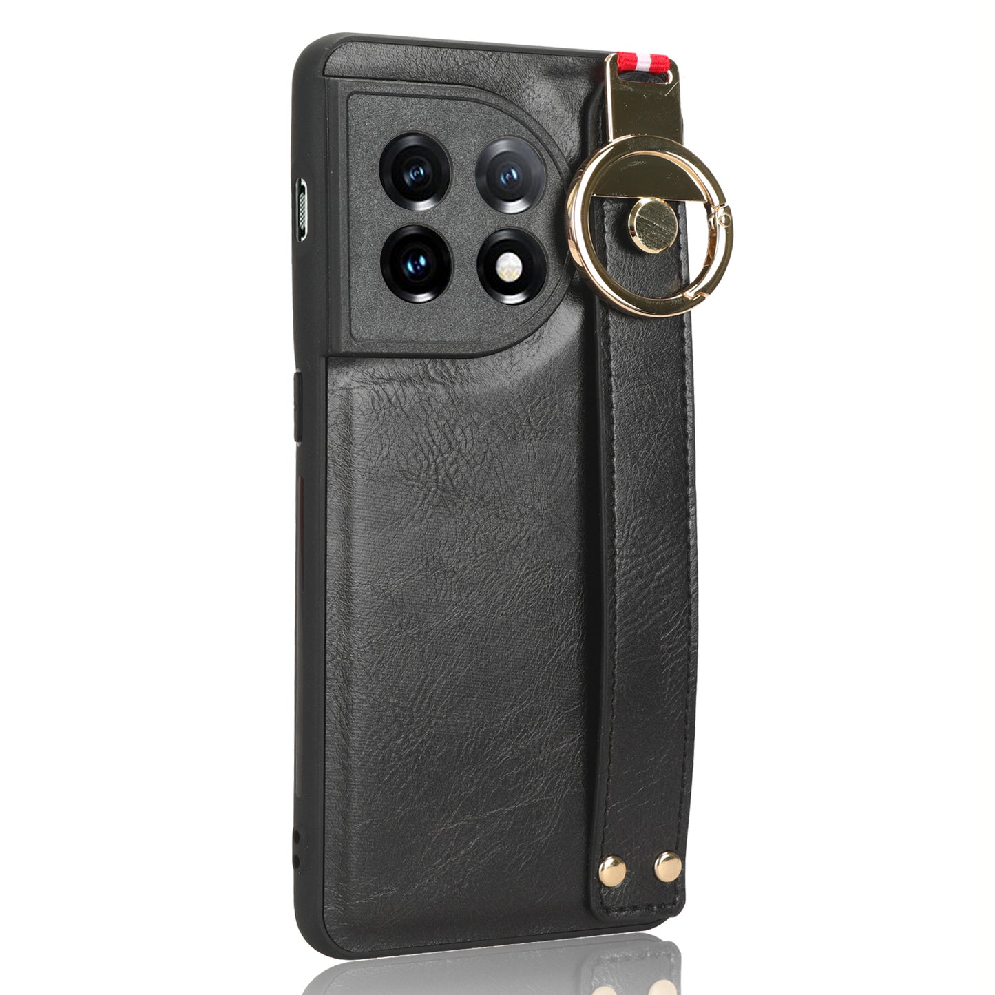 Leather Coated PC+TPU Case for OnePlus 11R 5G / Ace 2 5G , Wristband Kickstand Cell Phone Cover with Neck Strap - Black