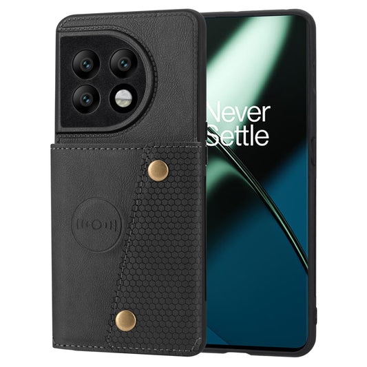 For OnePlus 11 5G Card Holder Phone Case PU Leather Coated TPU Kickstand Case with Car Mount Metal Sheet - Black