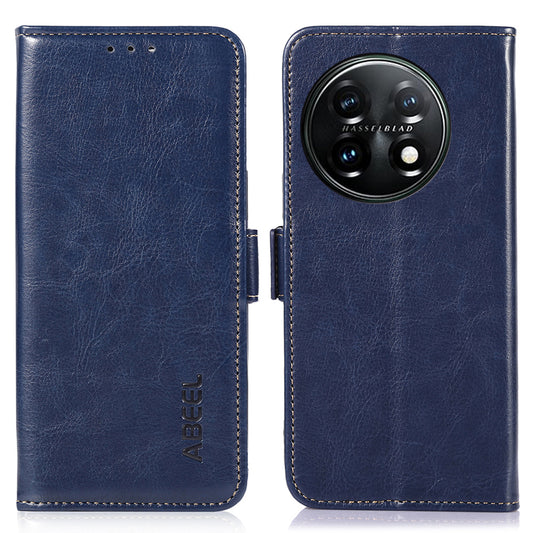 ABEEL For OnePlus 11 5G PU Leather Cell Phone Case Crazy Horse Texture Stand Wallet Flip Cover - Blue