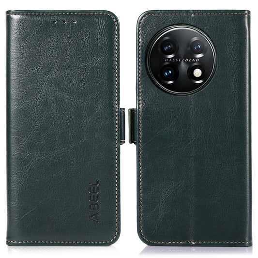 ABEEL For OnePlus 11 5G PU Leather Cell Phone Case Crazy Horse Texture Stand Wallet Flip Cover - Green