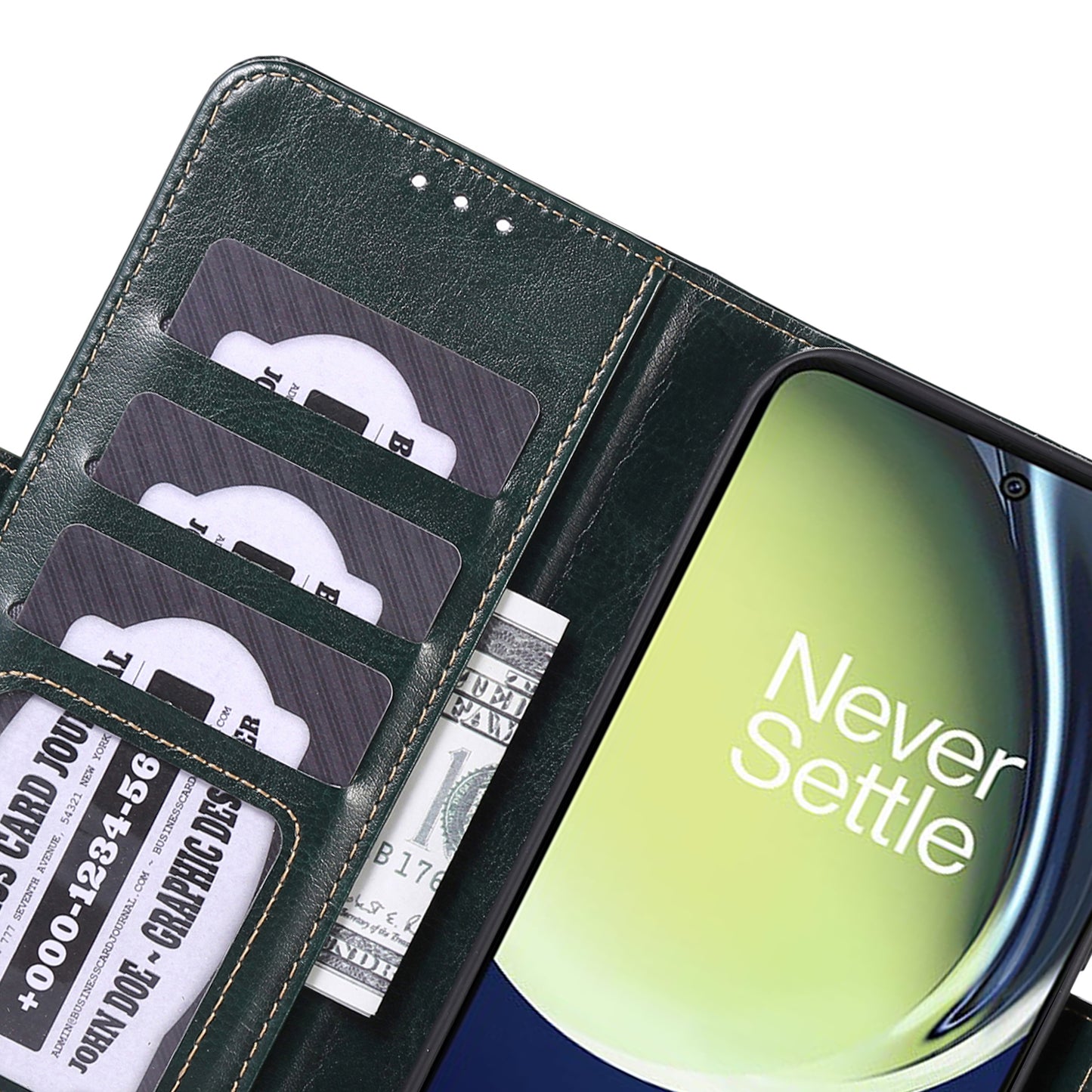 ABEEL For OnePlus 11 5G PU Leather Cell Phone Case Crazy Horse Texture Stand Wallet Flip Cover - Green