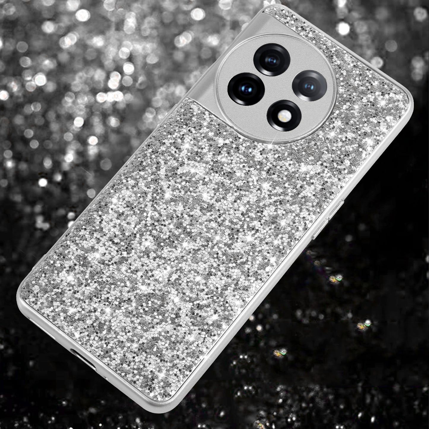 Protective Cover for OnePlus 11 5G Shiny Glitter Sequins Electroplating TPU Frame Hard PC Phone Case - Silver