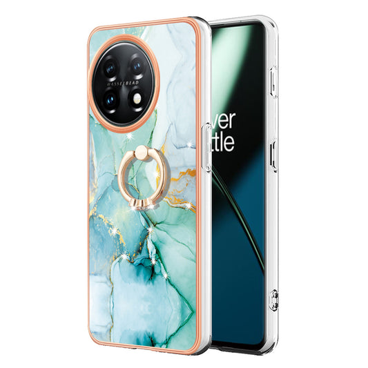YB IMD Series-10 For OnePlus 11 5G Ring Kickstand TPU Phone Case IMD Marble Pattern Electroplating Cover - Green 003