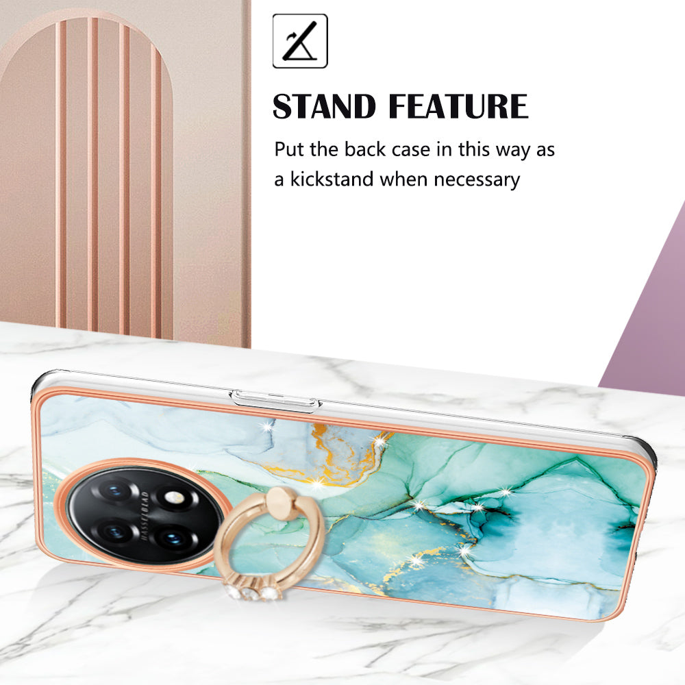 YB IMD Series-10 For OnePlus 11 5G Ring Kickstand TPU Phone Case IMD Marble Pattern Electroplating Cover - Green 003