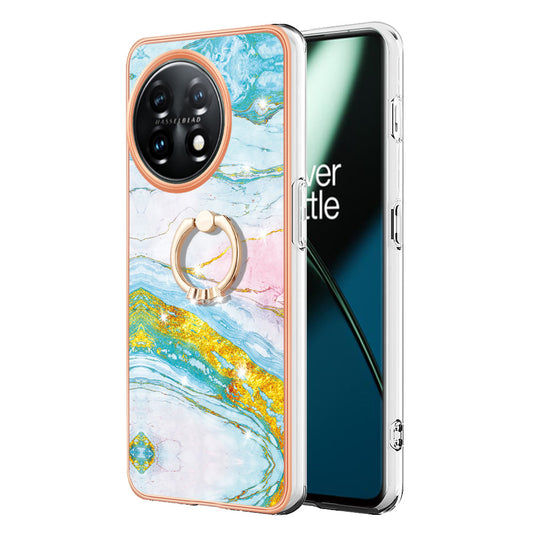 YB IMD Series-10 For OnePlus 11 5G Ring Kickstand TPU Phone Case IMD Marble Pattern Electroplating Cover - Green 004