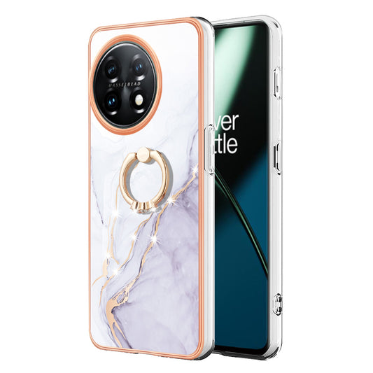 YB IMD Series-10 For OnePlus 11 5G Ring Kickstand TPU Phone Case IMD Marble Pattern Electroplating Cover - White 006