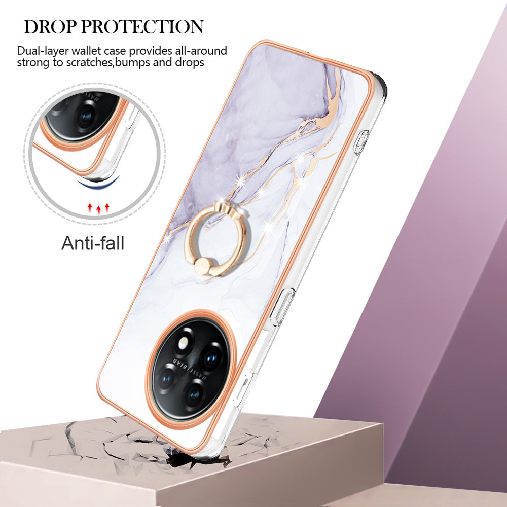 YB IMD Series-10 For OnePlus 11 5G Ring Kickstand TPU Phone Case IMD Marble Pattern Electroplating Cover - White 006
