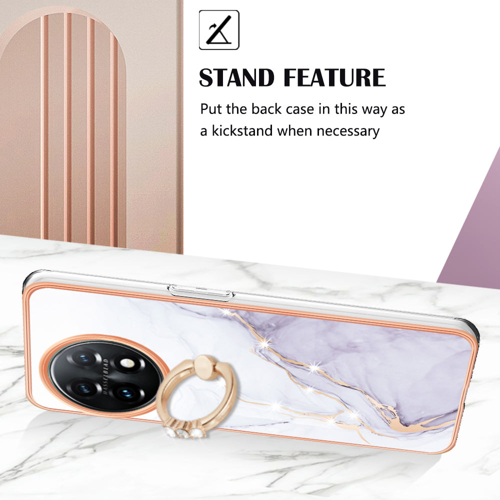 YB IMD Series-10 For OnePlus 11 5G Ring Kickstand TPU Phone Case IMD Marble Pattern Electroplating Cover - White 006