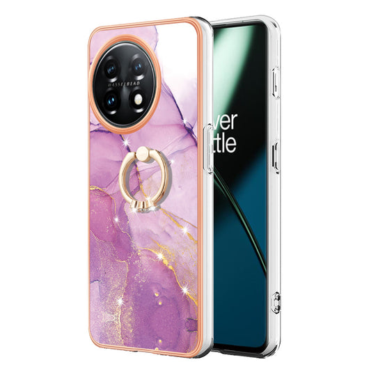 YB IMD Series-10 For OnePlus 11 5G Ring Kickstand TPU Phone Case IMD Marble Pattern Electroplating Cover - Purple 001