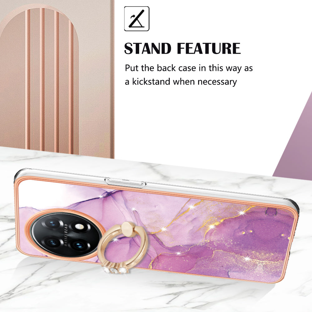 YB IMD Series-10 For OnePlus 11 5G Ring Kickstand TPU Phone Case IMD Marble Pattern Electroplating Cover - Purple 001