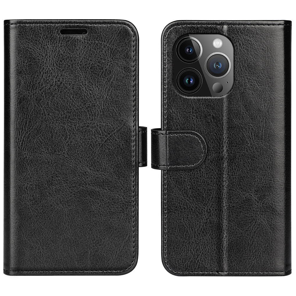 TPU+PU Leather Stand Phone Case for iPhone 15 Pro Max , Wallet Crazy Horse Texture Flip Cover Shell - Black