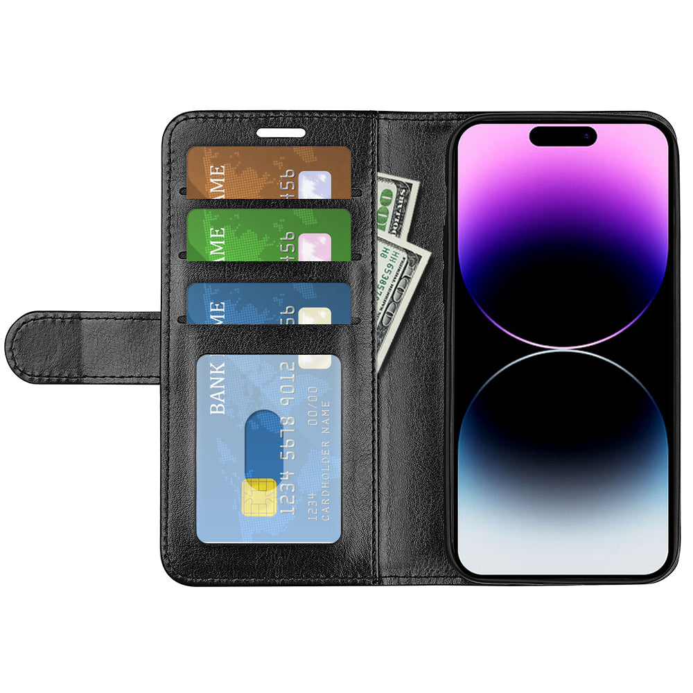 TPU+PU Leather Stand Phone Case for iPhone 15 Pro Max , Wallet Crazy Horse Texture Flip Cover Shell - Black