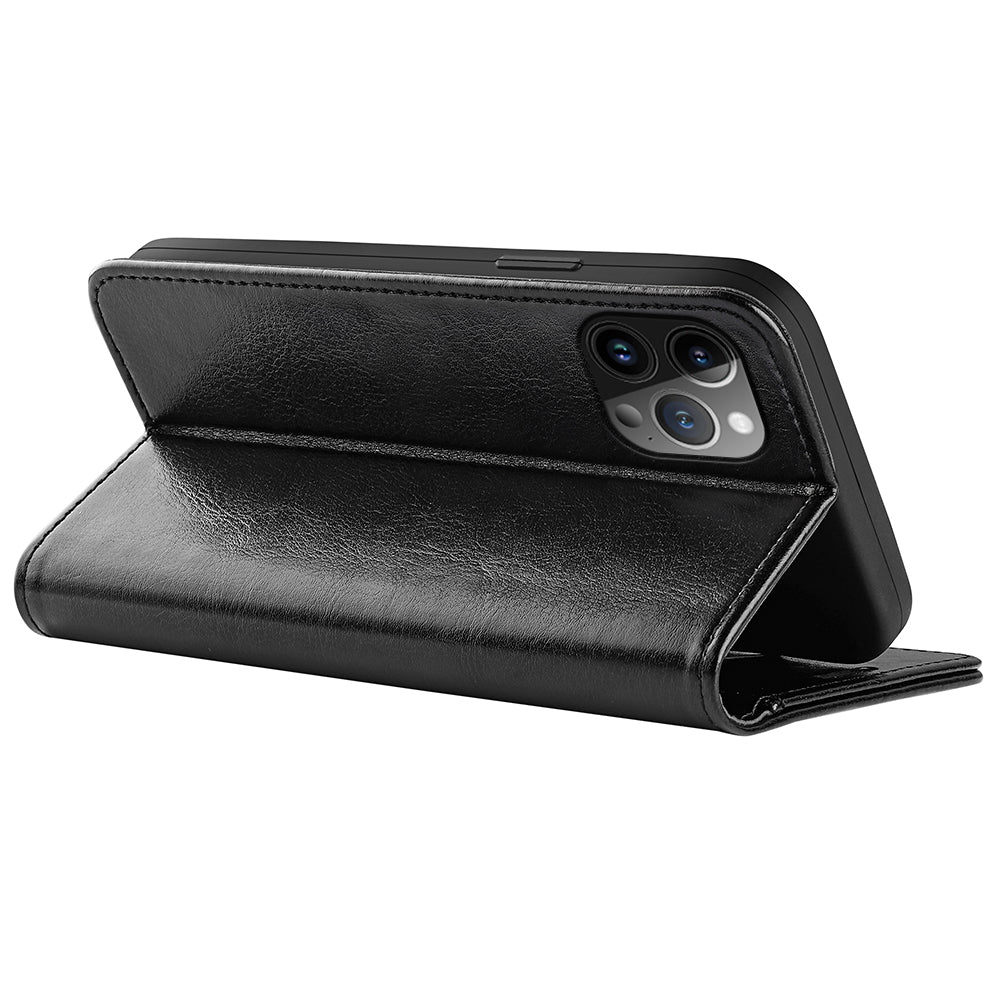 TPU+PU Leather Stand Phone Case for iPhone 15 Pro Max , Wallet Crazy Horse Texture Flip Cover Shell - Black