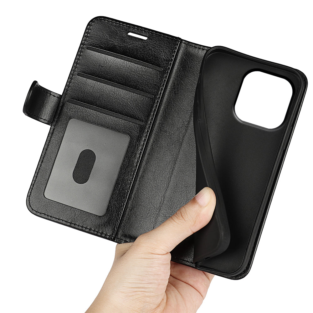 TPU+PU Leather Stand Phone Case for iPhone 15 Pro Max , Wallet Crazy Horse Texture Flip Cover Shell - Black