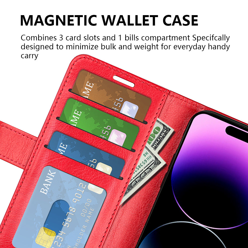 TPU+PU Leather Stand Phone Case for iPhone 15 Pro Max , Wallet Crazy Horse Texture Flip Cover Shell - Red