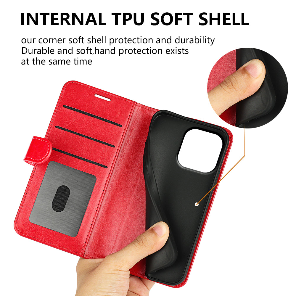 TPU+PU Leather Stand Phone Case for iPhone 15 Pro Max , Wallet Crazy Horse Texture Flip Cover Shell - Red