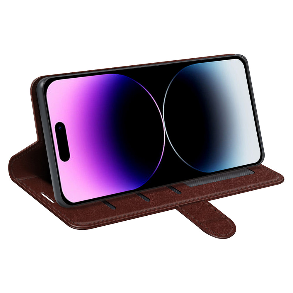 TPU+PU Leather Stand Phone Case for iPhone 15 Pro Max , Wallet Crazy Horse Texture Flip Cover Shell - Brown
