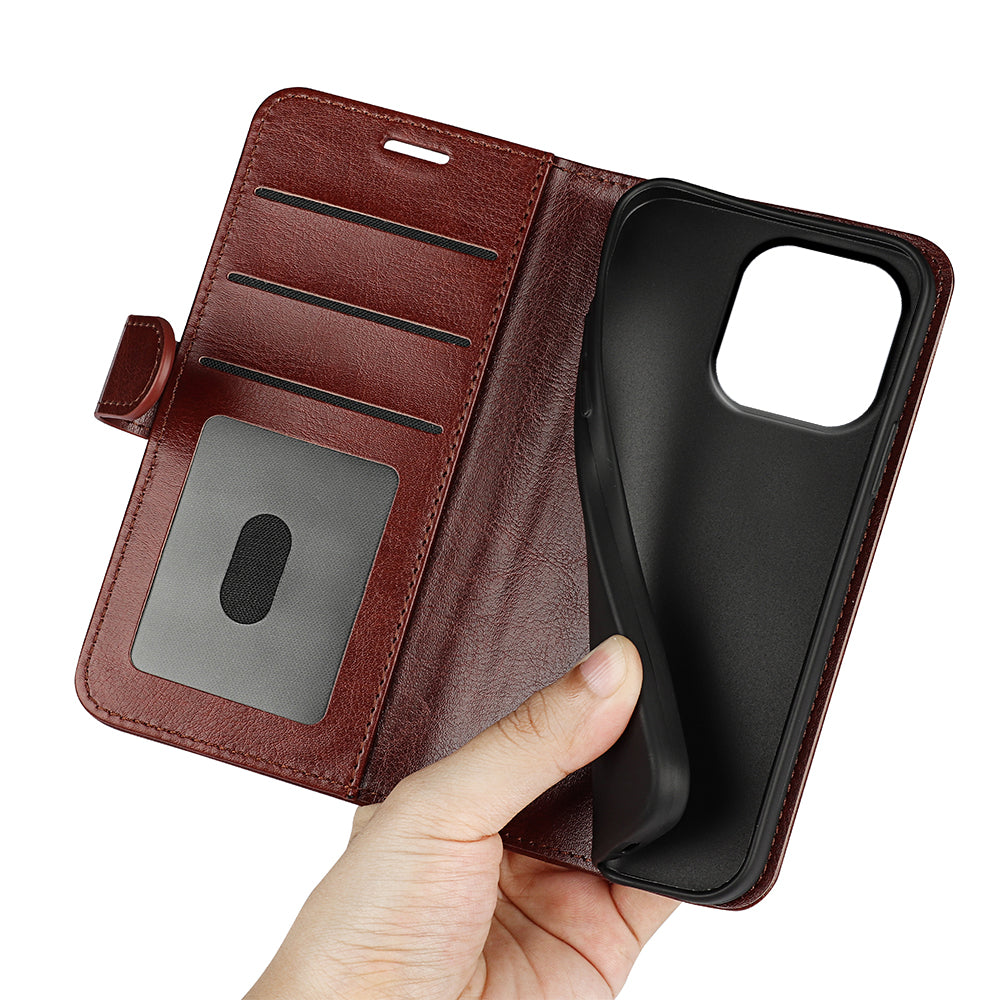 TPU+PU Leather Stand Phone Case for iPhone 15 Pro Max , Wallet Crazy Horse Texture Flip Cover Shell - Brown