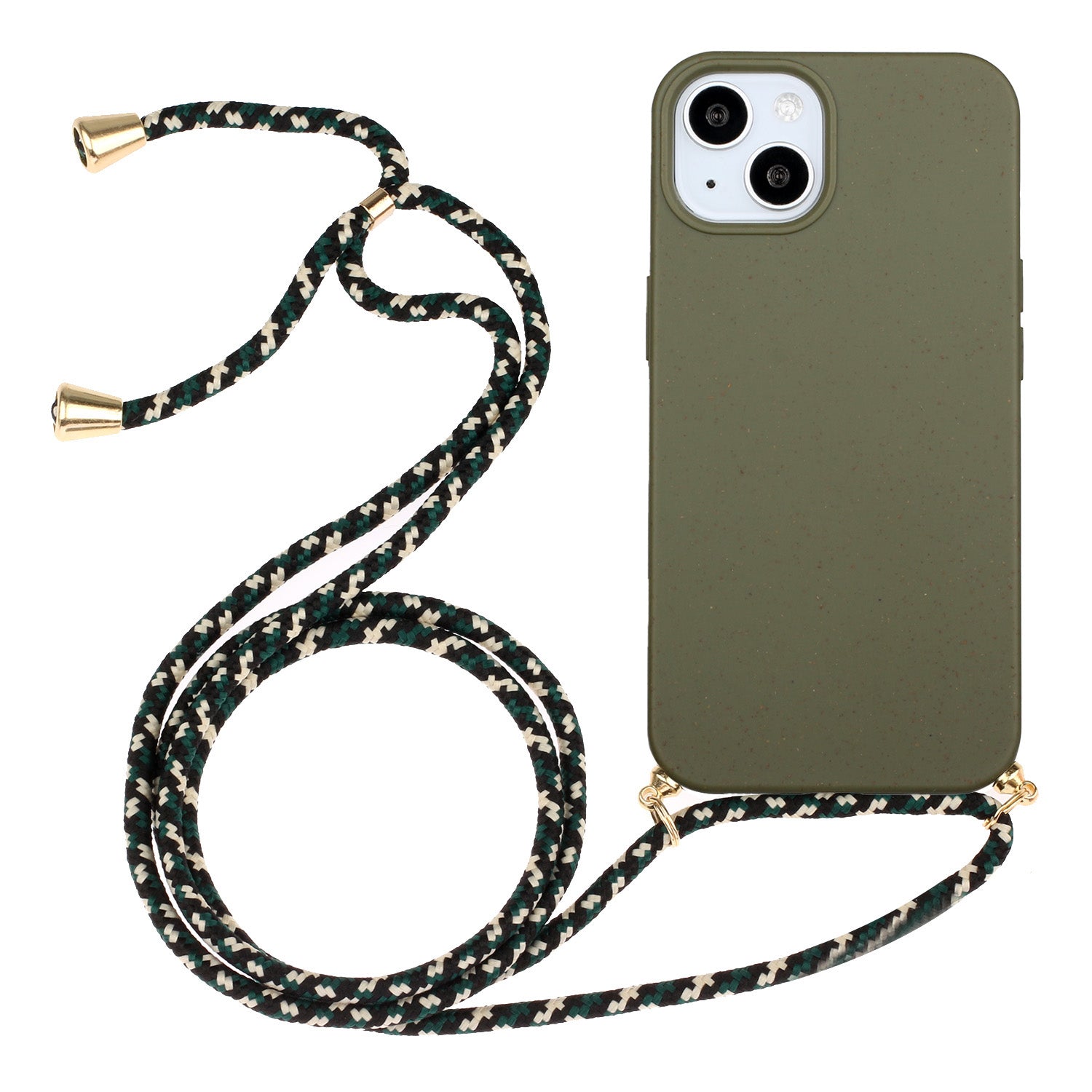 for iPhone 15 Eco Friendly Phone Case Compostable Wheat Straw+TPU Shock Absorbing Cover with Lanyard - Army Green