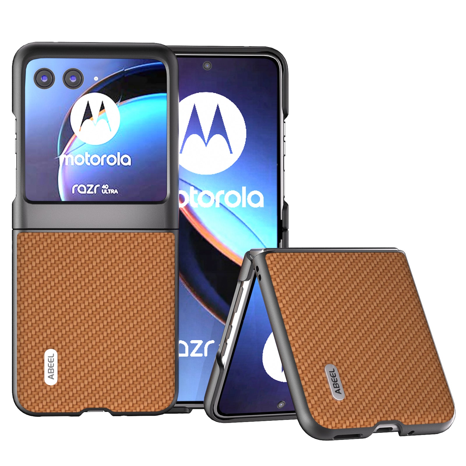 Uniqkart For Motorola Razr 40 Ultra 5G PU Leather Coated PC Case Carbon Fiber Texture Protective Phone Cover - Light Brown