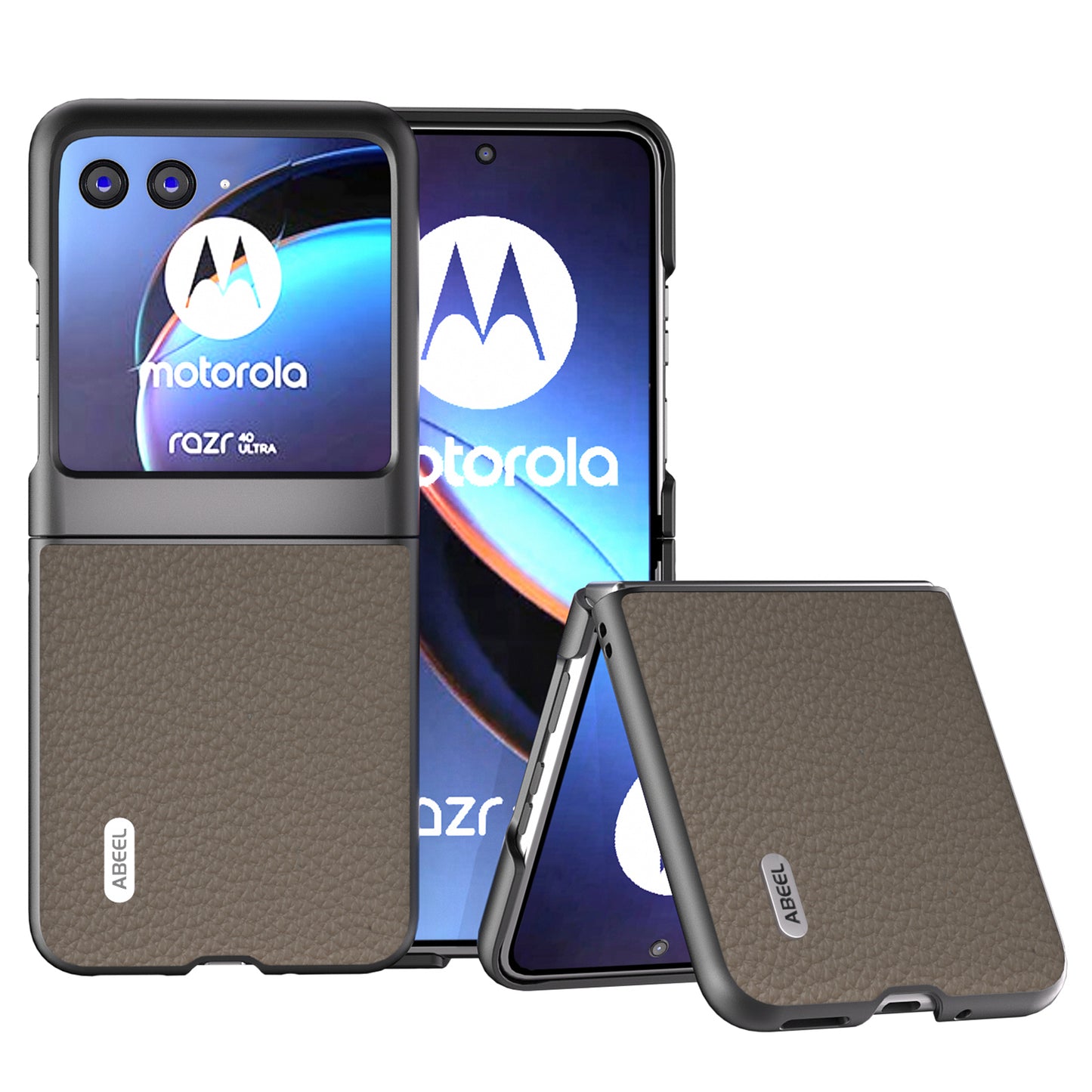 Uniqkart For Motorola Razr 40 Ultra 5G Cowhide Leather Coated PC Phone Case Litchi Texture Phone Cover - Khaki