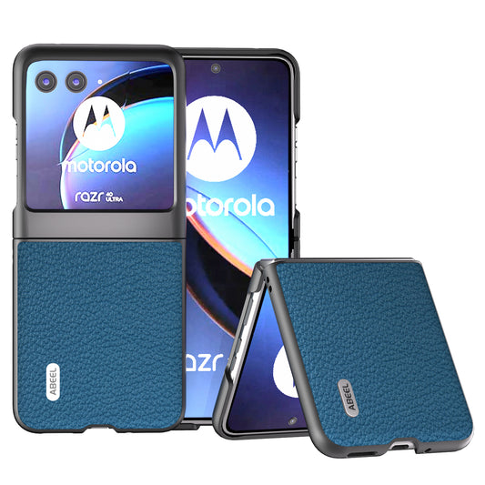 Uniqkart For Motorola Razr 40 Ultra 5G Cowhide Leather Coated PC Phone Case Litchi Texture Phone Cover - Blue