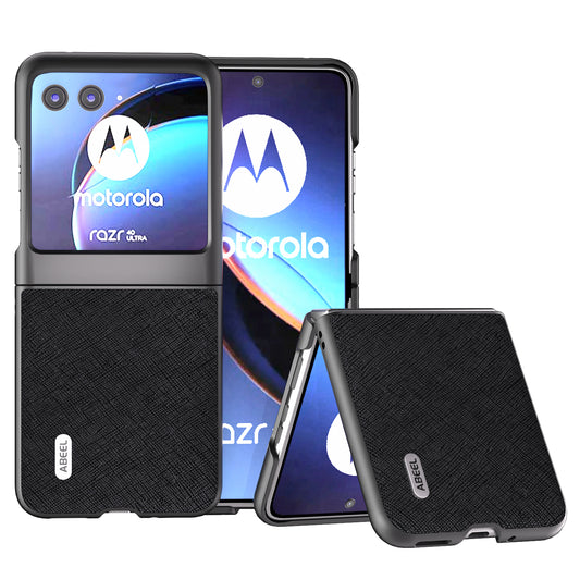 Uniqkart For Motorola Razr 40 Ultra 5G Cross Texture Folding Phone Case Cowhide Leather Coated PC Cover - Black