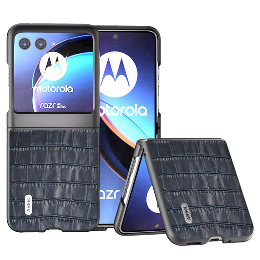 Uniqkart For Motorola Razr 40 Ultra 5G Phone Case Genuine Cow Leather Crocodile Texture Slim Phone Cover - Blue
