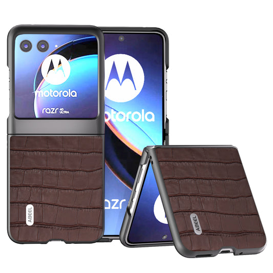 Uniqkart For Motorola Razr 40 Ultra 5G Phone Case Genuine Cow Leather Crocodile Texture Slim Phone Cover - Brown