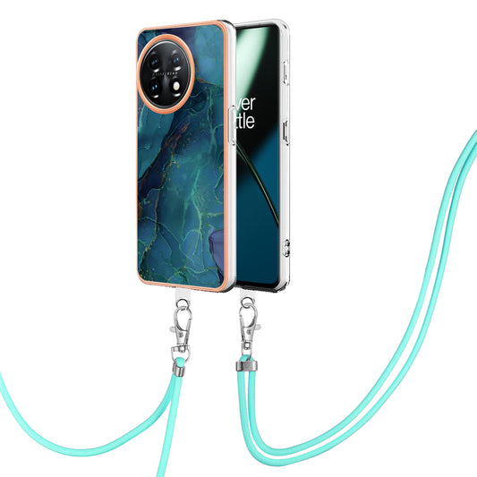 YB IMD Series-18 Style E for OnePlus 11 5G Flexible TPU Case Marble Pattern 2.0mm Electroplating Phone Cover with Lanyard - Green