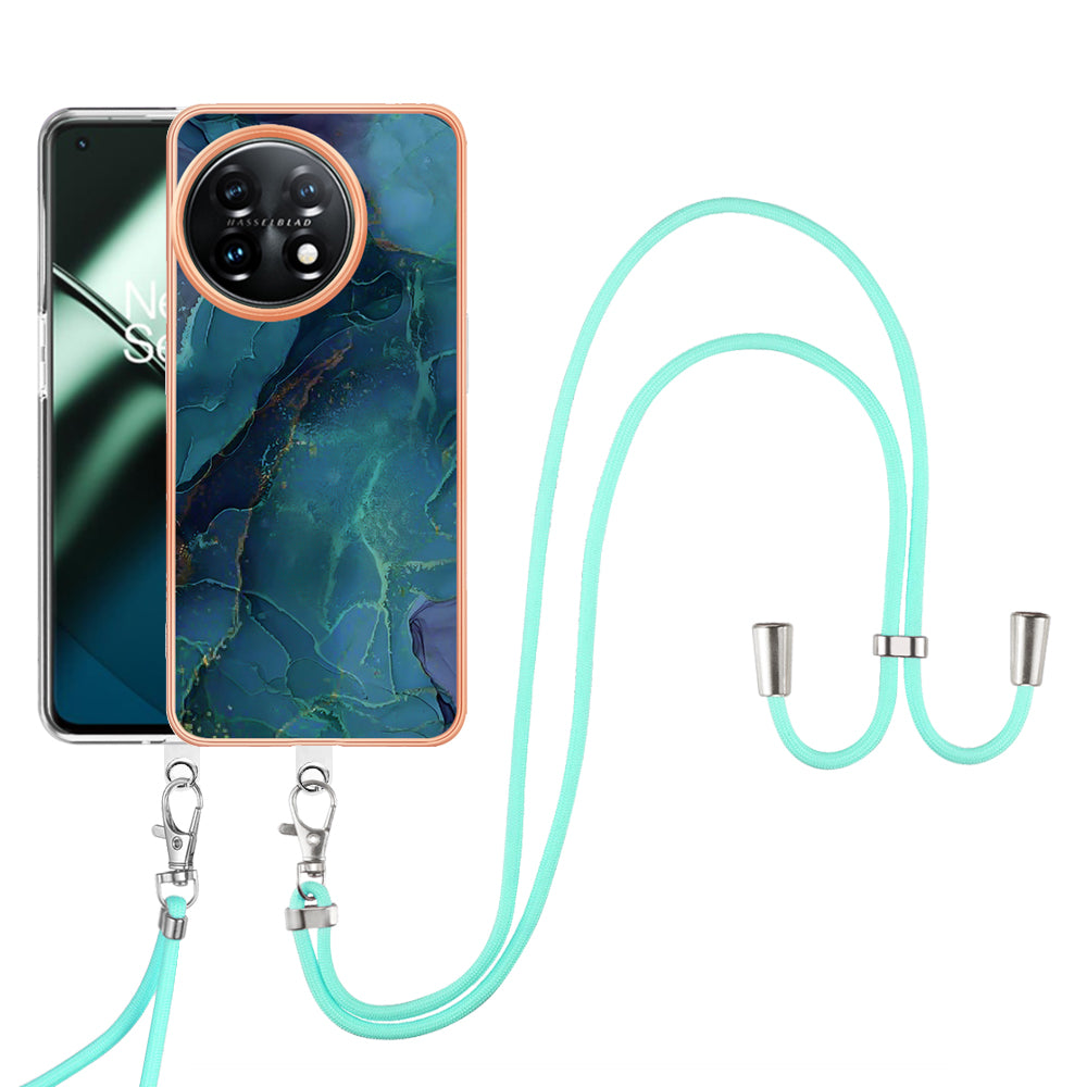 YB IMD Series-18 Style E for OnePlus 11 5G Flexible TPU Case Marble Pattern 2.0mm Electroplating Phone Cover with Lanyard - Green