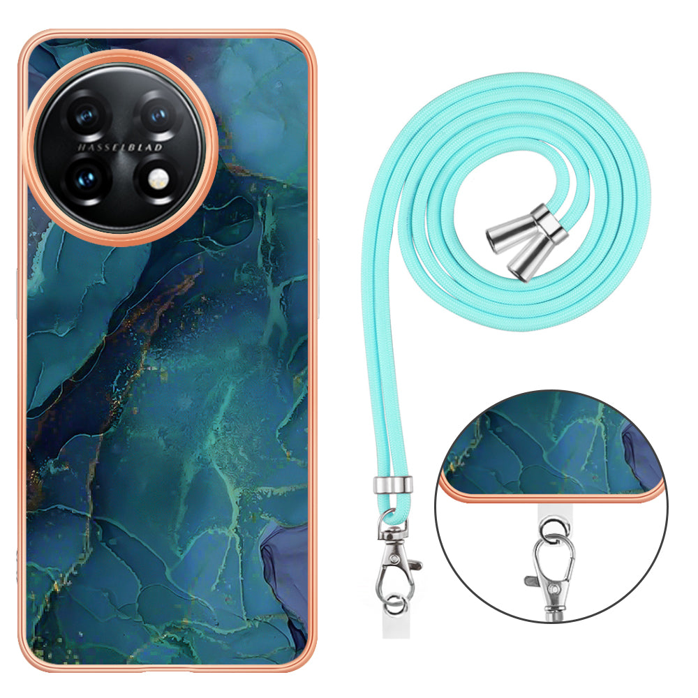 YB IMD Series-18 Style E for OnePlus 11 5G Flexible TPU Case Marble Pattern 2.0mm Electroplating Phone Cover with Lanyard - Green