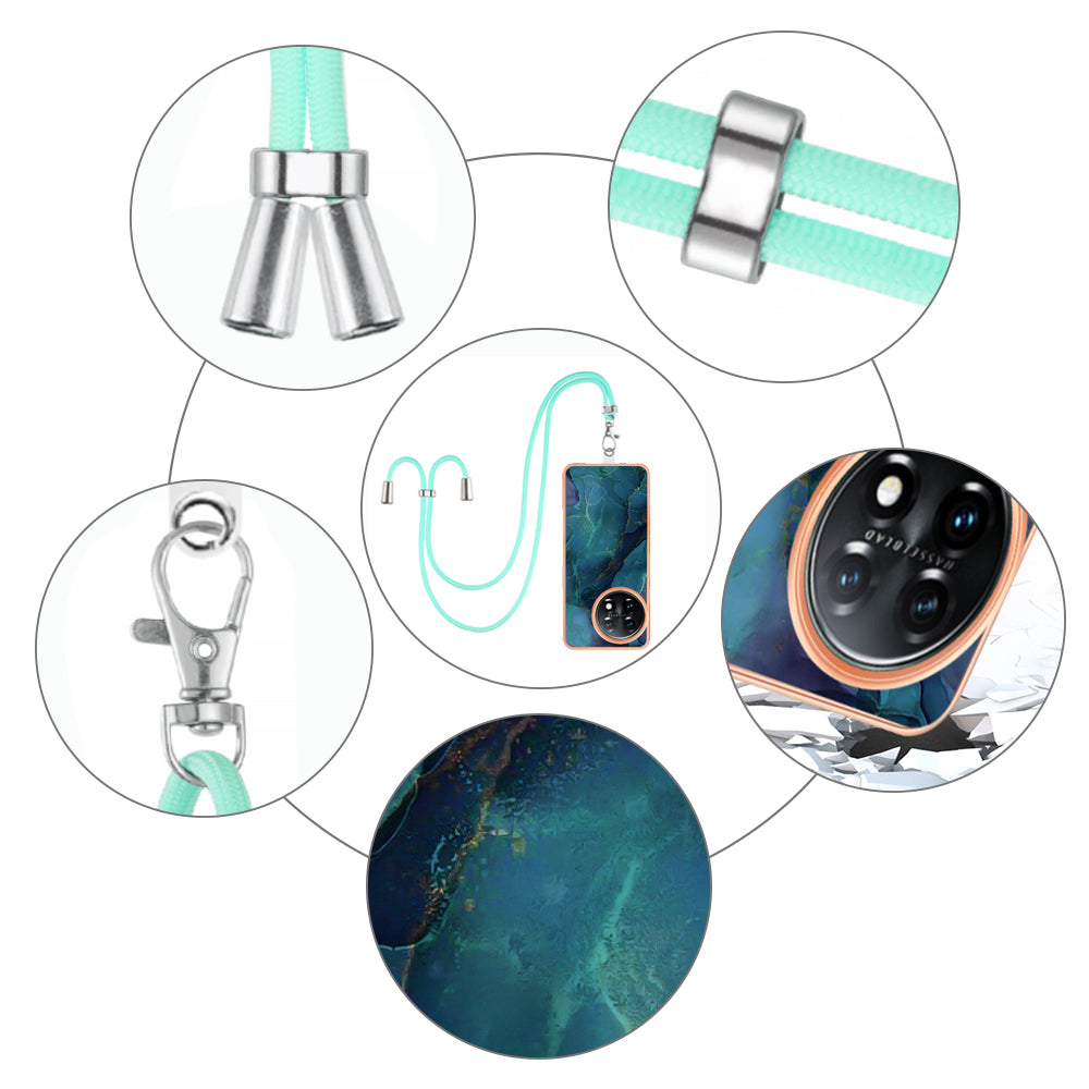 YB IMD Series-18 Style E for OnePlus 11 5G Flexible TPU Case Marble Pattern 2.0mm Electroplating Phone Cover with Lanyard - Green