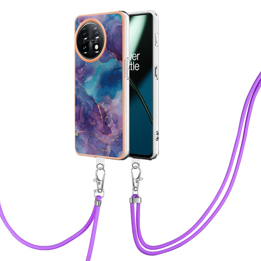 YB IMD Series-18 Style E for OnePlus 11 5G Flexible TPU Case Marble Pattern 2.0mm Electroplating Phone Cover with Lanyard - Purple