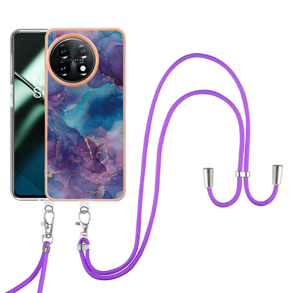 YB IMD Series-18 Style E for OnePlus 11 5G Flexible TPU Case Marble Pattern 2.0mm Electroplating Phone Cover with Lanyard - Purple