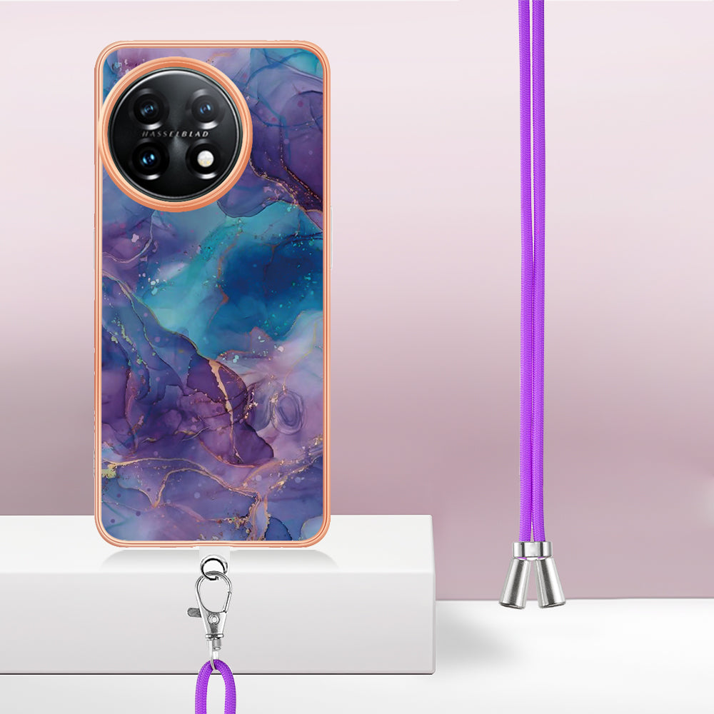 YB IMD Series-18 Style E for OnePlus 11 5G Flexible TPU Case Marble Pattern 2.0mm Electroplating Phone Cover with Lanyard - Purple
