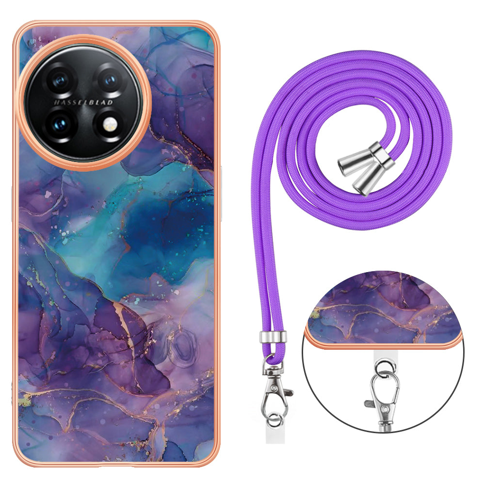 YB IMD Series-18 Style E for OnePlus 11 5G Flexible TPU Case Marble Pattern 2.0mm Electroplating Phone Cover with Lanyard - Purple