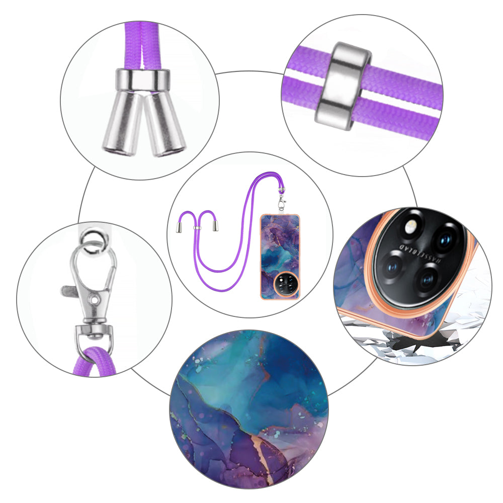 YB IMD Series-18 Style E for OnePlus 11 5G Flexible TPU Case Marble Pattern 2.0mm Electroplating Phone Cover with Lanyard - Purple