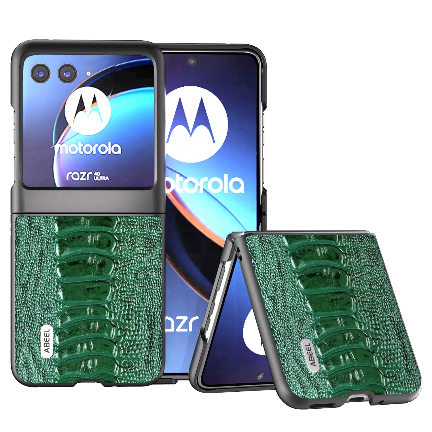 Uniqkart For Motorola Razr 40 Ultra 5G Shockproof Phone Case Genuine Cow Leather+PC Crocodile Texture Cover - Green