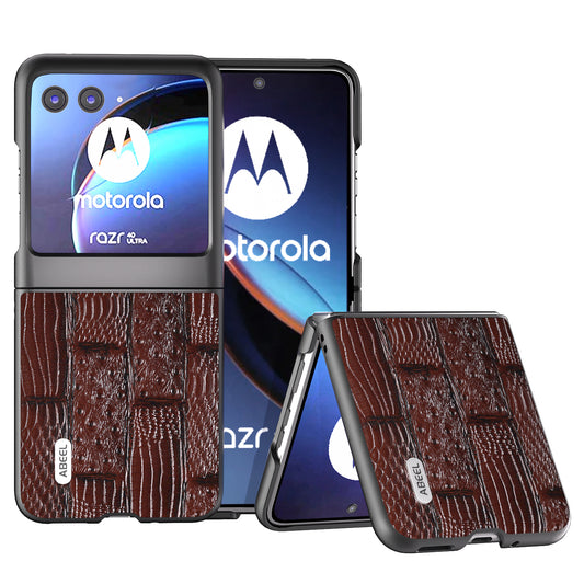 Uniqkart For Motorola Razr 40 Ultra 5G Mahjong Texture Phone Case Genuine Cow Leather+PC Ultra Slim Cover - Brown